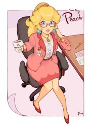 Rule 34 | 1girl, alternate costume, alternate hairstyle, blazer, blonde hair, blue eyes, chair, character name, coffee, coffee cup, coffee mug, cup, desk, disposable cup, earrings, english text, frills, glasses, gold trim, hand on own head, highres, jacket, jewelry, jivke, legs, lipstick, looking at viewer, makeup, mario (series), mug, name tag, necklace, nintendo, office chair, pale skin, papers, pen, pencil skirt, pink lips, princess peach, ring, simple background, sitting, skirt, smile, solo, sphere earrings, swivel chair, watch, wedge heels