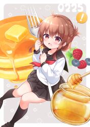 Rule 34 | !, 1girl, ahoge, berry, black footwear, black sailor collar, black skirt, blueberry, blush, border, brown hair, butter, collarbone, commentary request, crossed bangs, dated, folded ponytail, food, fork, from above, fruit, full body, grey background, hair between eyes, highres, holding, holding fork, honey, honey dipper, inazuma (kancolle), kantai collection, kashiwadokoro, kneehighs, knees together feet apart, loafers, long hair, long sleeves, looking at viewer, mini person, minigirl, mint, neckerchief, open mouth, outside border, pancake, pancake stack, pleated skirt, raspberry, red neckerchief, sailor collar, school uniform, serafuku, shirt, shoes, sidelocks, skirt, socks, solo, speech bubble, spoken exclamation mark, white border, white shirt