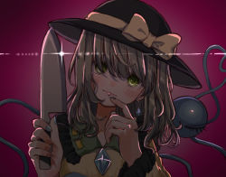 Rule 34 | 1girl, absurdres, black hat, blood, bloody knife, blouse, blue nails, blush, bow, closed mouth, dark, diffraction spikes, earrings, eyeball, eyebrows hidden by hair, frilled shirt collar, frills, glint, gradient background, green eyes, green hair, hair over eyes, hat, hat bow, head tilt, heart, heart in eye, heart of string, highres, holding, holding knife, jewelry, knife, komeiji koishi, lips, long hair, long sleeves, looking at viewer, nail polish, pink background, ribbon-trimmed clothes, ribbon trim, salt (seasoning), shirt, simple background, smile, solo, symbol in eye, third eye, touhou, upper body, yellow bow, yellow shirt