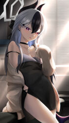 Rule 34 | 1girl, bare shoulders, black dress, black hair, blue archive, breasts, choker, dress, earrings, hair between eyes, halo, highres, horns, jewelry, kayoko (blue archive), kayoko (dress) (blue archive), long hair, looking at viewer, multicolored hair, off shoulder, official alternate costume, open mouth, red eyes, sidelocks, small breasts, solo, thighs, totororo, two-tone hair, white hair