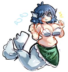 Rule 34 | 1girl, blue eyes, blue hair, breasts, bright pupils, cleavage, clenched hands, drill hair, drill sidelocks, emerald kitty, fins, fish, full body, head fins, highres, large breasts, looking at viewer, mermaid, monster girl, navel, sarong, shell, shell bikini, short hair, sidelocks, simple background, smile, solo, touhou, wakasagihime, white background, white pupils