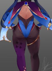 Rule 34 | 1girl, absurdres, ass, ass focus, cape, from behind, genshin impact, gloves, hair ornament, head out of frame, highres, huge ass, leotard, long hair, mona (genshin impact), pantyhose, purple hair, puzzled artist (name), solo, thighlet, twintails, very long hair