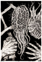 Rule 34 | 1boy, amygdala (bloodborne), black background, bloodborne, claws, from software, hat, highres, horror (theme), hunter (bloodborne), inking, monicabares, monochrome, simple background, size difference, tendril, too many eyes, video game