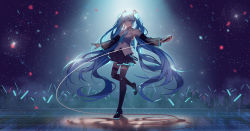 Rule 34 | 1girl, backlighting, black skirt, blue eyes, blue hair, blue necktie, blurry, bokeh, confetti, crowd, depth of field, detached sleeves, floating hair, glowstick, hatsune miku, highres, holding, holding microphone, hq (876704940), long hair, looking to the side, microphone, necktie, outstretched arms, penlight (glowstick), pleated skirt, shadow, shirt, skirt, sleeveless, sleeveless shirt, smile, solo, sparkle, spotlight, stage, stage lights, standing, standing on one leg, thighhighs, twintails, very long hair, vocaloid, white shirt, wide shot, zettai ryouiki