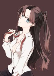 Rule 34 | 1girl, black bow, black skirt, blue eyes, bow, breasts, brown background, brown hair, cleavage, closed mouth, collarbone, collared shirt, dress shirt, fate/stay night, fate (series), frown, hair between eyes, hair bow, hair intakes, highres, homurahara academy school uniform, long hair, long sleeves, looking at viewer, maru (pixiv51714255), partially unbuttoned, school uniform, shirt, sitting, skirt, small breasts, solo, tohsaka rin, twintails, very long hair, white shirt, wing collar