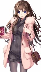 Rule 34 | 1girl, :d, bag, black pantyhose, black sweater, blue eyes, blush, boku no kanojo sensei, breasts, brown hair, buttons, coat, covered navel, cowboy shot, cup, disposable coffee cup, disposable cup, dress, earrings, fujiki maka, fur-trimmed coat, fur trim, half updo, hand up, holding, holding cup, jewelry, large breasts, legs apart, long hair, long sleeves, looking at viewer, nail polish, necklace, open clothes, open coat, open mouth, oryo (oryo04), pantyhose, pink coat, pink nails, ribbed sweater, shoulder bag, simple background, smile, solo, standing, star (symbol), star earrings, sweater, sweater dress, turtleneck, turtleneck sweater, white background, winter clothes