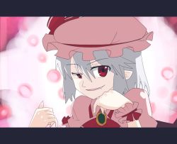 Rule 34 | 1girl, akatoro (nightlord), fang, female focus, hat, letterboxed, red eyes, remilia scarlet, short hair, solo, toro (pixiv), touhou