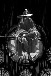 Rule 34 | 0000-111-0100-0, 1boy, amon (lord of the mysteries), black eyes, black hair, black robe, chinese commentary, commentary request, crossed legs, greyscale, hat, highres, lord of the mysteries, monochrome, monocle, robe, shoes, short hair, sitting, smile, solo, string, window, wizard hat