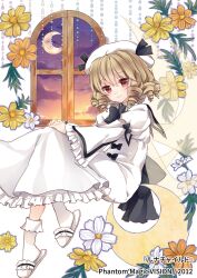 Rule 34 | 1girl, blonde hair, blush, character name, closed mouth, crescent moon, dress, drill hair, fairy, fairy wings, flower, frilled dress, frilled sleeves, frills, hat, highres, long sleeves, luna child, moon, red eyes, short hair, slippers, smile, socks, solo, torii sumi, touhou, white dress, white flower, white hat, white socks, wide sleeves, window, wings, yellow flower