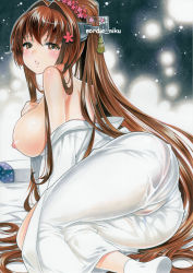 Rule 34 | 10s, 1girl, alternate costume, artist name, ass, black background, blush, breasts, breasts out, brown eyes, brown hair, flower, hair flower, hair intakes, hair ornament, headgear, japanese clothes, kantai collection, kimono, large breasts, lights, long hair, looking at viewer, looking back, nipples, nordic niku, on bed, open clothes, open kimono, outline, parted lips, ponytail, skindentation, socks, solo, teeth, very long hair, white kimono, white outline, white socks, yamato (kancolle), yukata