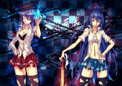 Rule 34 | 2girls, alternate costume, bandages, black bra, black legwear, blue hair, blue skirt, bow, bra, breasts, chain, checkered background, cleavage, contemporary, dress shirt, electricity, female focus, grin, hair bow, hair ornament, hairpin, hand on hilt, hat, hinanawi tenshi, jewelry, lingerie, long hair, midriff, multiple girls, nagae iku, navel, necklace, one eye closed, open clothes, open mouth, open shirt, open skirt, panties, ponytail, red eyes, red skirt, ryuuzaki ichi, school uniform, shirt, short hair, skirt, smile, striped clothes, striped panties, sword, sword of hisou, thighhighs, tiles, torn clothes, torn legwear, touhou, translation request, underwear, weapon, white shirt, wink, zettai ryouiki