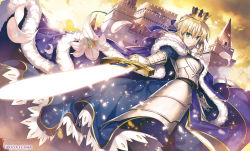 Rule 34 | 1girl, ahoge, armor, armored dress, artist name, artoria pendragon (all), artoria pendragon (fate), blonde hair, blue dress, blush, braid, castle, closed mouth, cloud, cloudy sky, coat, commentary request, crown, dress, excalibur (fate/stay night), fate/stay night, fate (series), faulds, flower, french braid, fujima takuya, fur-trimmed coat, fur trim, gauntlets, glint, glowing, glowing sword, glowing weapon, green eyes, hair ribbon, holding, holding sword, holding weapon, light particles, lily (flower), looking at viewer, petals, ribbon, saber (fate), short hair, sky, solo, sword, weapon