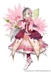 Rule 34 | 1girl, ahoge, blush, capelet, commentary request, dress, floral background, flower, flower knight girl, frilled dress, frills, full body, green eyes, grey hair, hair ornament, holding, holding staff, long hair, looking at viewer, necomi, official art, pink dress, serruria (flower knight girl), shoes, simple background, solo, staff, watermark, white background