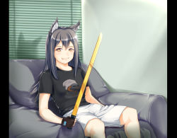 Rule 34 | 1girl, animal ear fluff, animal ears, arknights, black hair, black shirt, window blinds, blush, breasts, closed mouth, commentary request, couch, fang, fang out, feet out of frame, hair between eyes, holding, long hair, looking at viewer, manatsu no yo no inmu, medium breasts, meme, penguin logistics (arknights), pillarboxed, rock.fc, shirt, shorts, sitting, smile, solo, t-shirt, texas (arknights), white shorts, wolf ears, wolf girl, yellow eyes, yjsnpi interview (meme)