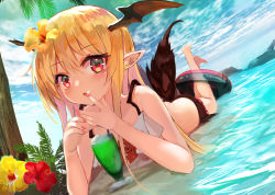 Rule 34 | 1girl, ass, bare arms, bare legs, bare shoulders, barefoot, bat wings, bikini, bikini skirt, bikini top only, blonde hair, blue sky, brown wings, cloud, cloudy sky, commentary request, cup, day, drink, drinking glass, drinking straw, dutch angle, fang, fingernails, flower, granblue fantasy, hair between eyes, hair flower, hair ornament, hands up, head wings, hibiscus, horizon, innertube, legs up, long hair, looking at viewer, lying, marisayaka, mismatched bikini, nail polish, ocean, on stomach, outdoors, palm tree, parted lips, pointy ears, red eyes, red flower, red nails, red rose, rose, shallow water, shingeki no bahamut, sky, solo, summer, swim ring, swimsuit, transparent, tree, vampy, water, white bikini, wings, yellow flower