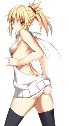 Rule 34 | 1girl, ass, back, backless dress, backless outfit, bare back, blonde hair, blush, braid, breasts, butt crack, cowboy shot, dress, fate/apocrypha, fate/grand order, fate (series), green eyes, long hair, looking at viewer, meme attire, mordred (fate), mordred (fate/apocrypha), naked sweater, ponytail, shiseki hirame, sideboob, small breasts, solo, sweat, sweater, sweater dress, turtleneck, turtleneck sweater, virgin killer sweater
