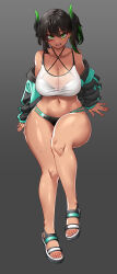 1girl :d absurdres bare_shoulders bikini bikini_under_clothes black_bikini black_hair breasts cleavage commentary dark-skinned_female dark_skin english_commentary gradient_background green_eyes highres hitch_(perotoss) horns jacket large_breasts navel off_shoulder open_mouth original sandals see-through_clothes smile solo swimsuit teeth variant_set