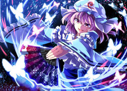 Rule 34 | 1girl, arm garter, arm ribbon, blue dress, bug, butterfly, dress, e.o., folding fan, frilled sleeves, frills, glowing, glowing butterfly, gradient background, hair between eyes, hand fan, hat, hat ribbon, insect, japanese clothes, long sleeves, mob cap, open mouth, pink eyes, pink hair, ribbon, saigyouji yuyuko, saigyouji yuyuko&#039;s fan design, sash, short hair, smile, solo, touhou, triangular headpiece, veil, wide sleeves