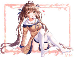 Rule 34 | 1girl, ahoge, black skirt, blush, breasts, brown eyes, brown hair, brown jacket, collarbone, full body, girls&#039; frontline, hair between eyes, hair ornament, hair ribbon, haneiro, highres, jacket, long hair, looking at viewer, m14 (girls&#039; frontline), medium breasts, no shoes, parted lips, ribbon, shirt, sitting, skirt, solo, thighhighs, twintails, very long hair, white shirt, white thighhighs