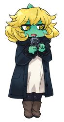 Rule 34 | 1girl, blonde hair, boots, cellphone, coat, colored skin, commentary, fur trim, green skin, horns, oni, open mouth, original, pantyhose, phone, short hair, single horn, skj, smartphone, solo, spikes