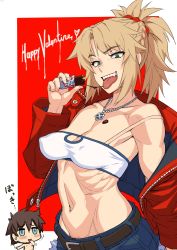 Rule 34 | 1boy, 1girl, :d, bad id, bad pixiv id, belt, blonde hair, blue eyes, blush stickers, breasts, brown hair, chocolate, cleavage, covered erect nipples, fate/apocrypha, fate/grand order, fate (series), female pubic hair, fujimaru ritsuka (male), green eyes, jacket, jewelry, looking at viewer, midriff, mikoyan, mordred (fate), mordred (fate/apocrypha), mordred (memories at trifas) (fate), muscular, navel, necklace, open mouth, ponytail, pubic hair, pubic hair peek, smile, strapless, tears, tongue, tongue out, tube top