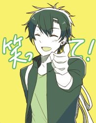 Rule 34 | !, 1boy, arm behind back, black hair, casual, closed eyes, collared jacket, commentary, facing viewer, gloves, green shirt, grey jacket, hair between eyes, hair ornament, hairclip, happy, index finger raised, jacket, kagerou project, kanako-n-03-04, male focus, mekakucity actors, open clothes, open jacket, open mouth, pointing, pointing at viewer, seto kousuke, shirt, short hair, simple background, single glove, sleeves past elbows, smile, solo, t-shirt, translated, upper body, white gloves, yellow background