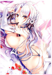 Rule 34 | 1girl, absurdres, ahoge, ass, azur lane, bare shoulders, bed, bed sheet, blush, bow, bowtie, breasts, bridal gauntlets, cherry, cocktail, cocktail glass, cross, cup, curtains, day, drinking glass, fingernails, food, fruit, fujima takuya, hair ornament, head tilt, highres, indoors, iron cross, large breasts, long hair, looking at viewer, lying, mouth hold, multicolored hair, on stomach, page number, petals, prinz eugen (azur lane), prinz eugen (symphonic fate) (azur lane), red hair, scan, shiny skin, simple background, smile, solo, thighhighs, thighs, twintails, two-tone hair, white hair, window