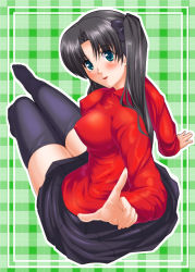 Rule 34 | 00s, 1girl, black thighhighs, blouse, breasts, covered erect nipples, fate/stay night, fate (series), large breasts, miyabi kozou, outside border, parted bangs, red shirt, shirt, solo, thighhighs, tohsaka rin, turtleneck