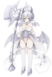 Rule 34 | 1girl, breasts, cleavage, demon girl, demon horns, demon wings, dress, duel monster, full body, gloves, grey eyes, highres, holding, horns, large breasts, looking at viewer, lovely labrynth of the silver castle, low wings, pointy ears, seto mz3230, smile, solo, twintails, weapon, white background, white hair, wings, yu-gi-oh!