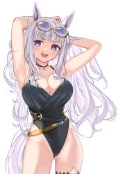 Rule 34 | 1girl, :d, animal ears, armpits, arms behind head, arms up, bare arms, bare shoulders, black one-piece swimsuit, blush, breasts, cleavage, collarbone, commentary request, eyewear on head, gluteal fold, gold ship (run revolt launcher) (umamusume), gold ship (umamusume), grey hair, highres, horse ears, horse girl, horse tail, large breasts, long hair, looking at viewer, nanana narang, one-piece swimsuit, open mouth, purple eyes, simple background, smile, solo, sunglasses, swimsuit, tail, umamusume, v-shaped eyebrows, very long hair, white background, yellow-framed eyewear