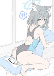 Rule 34 | 1girl, absurdres, animal ear fluff, animal ears, aroused, ass, back, barefoot, black one-piece swimsuit, blue archive, blue eyes, blue halo, blush, breasts, bright pupils, character print, closed mouth, commentary, competition swimsuit, cross hair ornament, curvy, dakimakura (object), doodle sensei (blue archive), female masturbation, from behind, full body, grey hair, hair ornament, halo, highleg, highleg swimsuit, highres, holding, holding pillow, masturbation, medium breasts, medium hair, mismatched pupils, motion lines, nose blush, official alternate costume, one-piece swimsuit, pillow, pillow sex, sensei (blue archive), shiroko (blue archive), shiroko (swimsuit) (blue archive), soles, solo, sweat, swimsuit, symbol-only commentary, t1kosewad, tiptoes, toes, tsurime, white pupils, wolf ears