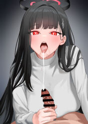 Rule 34 | 1boy, 1girl, absurdres, black hair, black nails, blue archive, blush, bright pupils, cum, cum in mouth, cum on tongue, fingernails, hair ornament, hairpin, halo, handjob, highres, long hair, long sleeves, looking at viewer, nail polish, nonbire, open mouth, penis, red eyes, rio (blue archive), shirt, tongue, tongue out, white pupils, white shirt