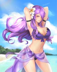 Rule 34 | 1girl, armpits, arms behind head, arms up, bad id, bad twitter id, beach, bikini, blue sky, breasts, camilla (fire emblem), camilla (summer) (fire emblem), cleavage, cloud, day, fire emblem, fire emblem fates, fire emblem heroes, flower, gold trim, hair flower, hair ornament, hair over one eye, highres, large breasts, long hair, looking at viewer, navel, nintendo, outdoors, parted lips, purple eyes, purple hair, sarong, see-through, sky, smile, solo, standing, stefmarii, swimsuit, thighs, twitter username, water, white flower