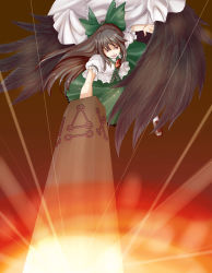 Rule 34 | 1girl, absurdres, arm cannon, black wings, bow, brown hair, cape, female focus, fire, flying, hair bow, hair ribbon, highres, open mouth, reiuji utsuho, ribbon, skirt, solo, taida jun, touhou, weapon, wings