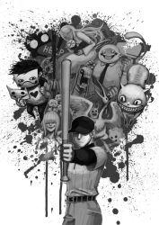 Rule 34 | 2girls, 6+boys, add-on (off), artist name, backpack, bag, baseball bat, baseball cap, baseball uniform, belt, bird, black hair, black headwear, blush stickers, burnt (off), cat, commentary request, elsen (off), closed eyes, ghost, greyscale, hat, heart, holding, long hair, mask, monochrome, multiple boys, multiple girls, necktie, off (game), outstretched arm, pants, shirt, smile, splatter, sportswear, sucre (off), sumio (mas maru), tagme, the judge (off), whale, white background, white shirt, zacharie (off)