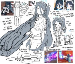 Rule 34 | 1girl, aris (blue archive), aris (maid) (blue archive), blue archive, closed eyes, closed mouth, coat, firing, flukhan, hair between eyes, halo, highres, holding, holding weapon, korean text, long hair, long sleeves, magnetic weapon, maid headdress, multiple views, one side up, open mouth, railgun, screenshot inset, simple background, translation request, twitter username, very long hair, weapon, white background