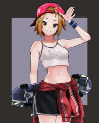 Rule 34 | 1girl, artist name, backwards hat, baseball cap, black background, black shorts, breasts, brown hair, clothes around waist, commission, crop top, female focus, hat, highres, holding, holding skateboard, jacket, jacket around waist, k-on!, looking at viewer, medium breasts, midriff, navel, red jacket, short hair, shorts, simple background, skateboard, smile, solo, stomach, tainaka ritsu, taqi99, the beatles, two-tone background, wristband