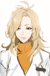 Rule 34 | 1girl, ahoge, bad id, bad twitter id, blonde hair, closed mouth, green eyes, lab coat, light smile, looking at viewer, mercy (overwatch), messy hair, naye, orange shirt, overwatch, overwatch 1, shirt, simple background, solo, sweater, turtleneck, white background