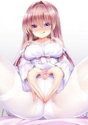 Rule 34 | 1girl, :q, aurora (mvv), bad id, bad pixiv id, bare shoulders, blue eyes, blush, breasts, brown hair, crotch seam, detached sleeves, heart, heart-shaped pupils, heart hands, highres, large breasts, licking lips, long hair, looking at viewer, mvv, naughty face, original, panties, panties under pantyhose, pantyhose, sitting, smile, solo, spread legs, symbol-shaped pupils, thighband pantyhose, tongue, tongue out, underwear, white panties, white pantyhose