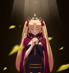 Rule 34 | 1girl, absurdres, black dress, black headwear, black nails, blonde hair, blush, breasts, cape, commentary request, dress, earrings, ereshkigal (fate), fate/grand order, fate (series), hair ribbon, own hands clasped, highres, jewelry, light blush, light rays, long hair, lulin lu ying, medium breasts, nail polish, own hands together, petals, red cape, red ribbon, ribbon, single sleeve, skull, solo, spine, tiara, two side up, very long hair