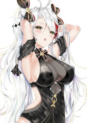 Rule 34 | 1girl, absurdres, alternate costume, antenna hair, armpits, azur lane, black dress, blush, bow, breasts, brown eyes, cleavage, dress, gloves, hair between eyes, highres, large breasts, long hair, looking at viewer, mole, mole on breast, multicolored hair, open mouth, prinz eugen (azur lane), prinz eugen (cordial cornflower) (azur lane), red hair, sidelocks, silver hair, simple background, smile, solo, streaked hair, tongue, tongue out, two side up, very long hair, white background, yukineko1018