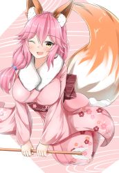 Rule 34 | 10s, 1girl, absurdres, alternate costume, animal ear fluff, animal ears, arrow (projectile), blush, breasts, calligraphy brush, calligraphy brush (medium), commentary request, fang, fate/extra, fate (series), floral print, fox ears, fox tail, graphite (medium), highres, japanese clothes, kimono, large breasts, moyoron, one eye closed, open mouth, paintbrush, pink hair, pink kimono, sash, solo, tail, tamamo (fate), tamamo no mae (fate/extra), traditional media, yellow eyes, yukata