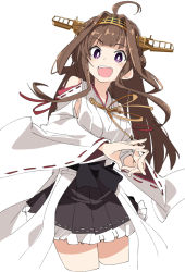 Rule 34 | 1girl, :d, ahoge, black skirt, blunt bangs, blush, brown hair, cowboy shot, cropped legs, headgear, ixy, japanese clothes, kantai collection, kongou (kancolle), kongou kai ni (kancolle), long hair, looking at viewer, nontraditional miko, open mouth, purple eyes, simple background, skirt, smile, solo, teeth, upper teeth only, white background, wide sleeves