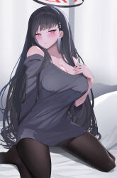 Rule 34 | 1girl, bare shoulders, black pantyhose, blue archive, blush, breasts, cleavage, closed mouth, commentary request, duplicate, grey shirt, hair ornament, halo, hand up, highres, large breasts, long hair, long sleeves, looking at viewer, off shoulder, paid reward available, pantyhose, red eyes, rio (blue archive), shirt, shougun (chuckni1), sitting, solo, thighs, wariza