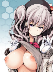 Rule 34 | 1girl, bad id, bad pixiv id, beret, black hat, blush, breasts, breasts out, buttons, closed mouth, clothes pull, collared shirt, epaulettes, gengoroh, grey shirt, hat, head tilt, honeycomb (pattern), honeycomb background, jacket, jacket pull, kantai collection, kashima (kancolle), large breasts, long hair, long sleeves, looking at viewer, military, military jacket, military uniform, neckerchief, nipples, no bra, open mouth, purple eyes, red neckerchief, shirt, sidelocks, silver hair, skirt, smile, solo, tsurime, twintails, uniform, upper body, wavy hair, white jacket