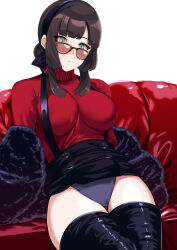 1girl black_boots black_hairband black_skirt boots breasts closed_mouth commentary_request freckles green_eyes hairband highres kantai_collection large_breasts long_hair looking_at_viewer looking_over_eyewear mogador_(kancolle) mogador_(saury_festival)_(kancolle) official_alternate_costume overall_skirt panties reclining red_sweater shawl sidelocks simple_background sitting skirt skirt_rolled_up solo sunglasses sweater thigh_boots thighs tinted_eyewear tirasi_(so) turtleneck turtleneck_sweater underwear white_background