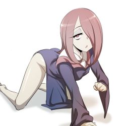 Rule 34 | 10s, 1girl, all fours, ass, bad id, bad pixiv id, bare legs, barefoot, brown hair, dress, hair over one eye, little witch academia, long hair, looking at viewer, no panties, pelvic curtain, pocari sweat (artist), red eyes, solo, sucy manbavaran, wide sleeves