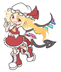 Rule 34 | 1girl, ascot, blonde hair, crystal, flandre scarlet, full body, hat, hat ribbon, laevatein (touhou), long hair, looking at viewer, mob cap, navel, one side up, puyopuyo, red eyes, red ribbon, red shirt, red skirt, ribbon, shinmon akika, shirt, short sleeves, simple background, skirt, smile, solo, touhou, white background, white hat, wings, yellow ascot