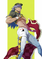 Rule 34 | 1boy, abs, bare pectorals, baseball cap, black hat, cape, champion uniform, clothes lift, creatures (company), dark-skinned male, dark skin, evinist, eyelashes, facial hair, fur-trimmed cape, fur trim, game freak, hat, highres, leggings, leon (pokemon), lifting own clothes, long hair, male focus, navel, nintendo, nipples, parted lips, pectorals, pokemon, pokemon swsh, purple hair, red cape, shirt, shirt lift, shorts, smile, solo, thighs, two-tone background, unworn cape, white shorts