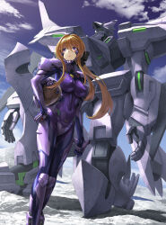 Rule 34 | 1girl, armored bodysuit, blonde hair, blue eyes, bodysuit, character request, cloud, cloudy sky, commentary request, covered navel, covered nipples, fortified suit, hair intakes, hair ribbon, headgear, headwear removed, helmet, helmet removed, highres, holding, holding helmet, impossible bodysuit, impossible clothes, kneeling, kurione (zassou), long hair, mecha, muv-luv, muv-luv alternative, purple bodysuit, ribbon, robot, shiny clothes, skin tight, sky, solo, standing